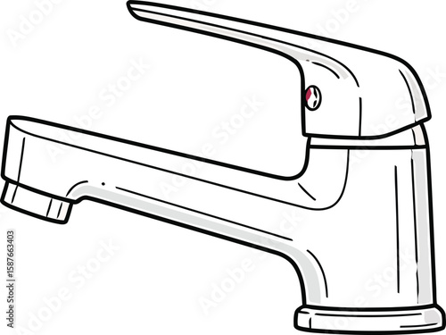 Illustration of a modern, chrome bathroom or kitchen faucet with a lever handle, viewed from a side angle.