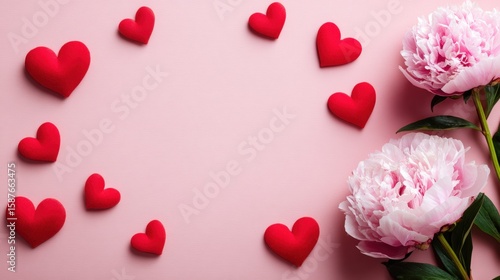 Pink background with pink peonies and scattered red hearts, creating a romantic and elegant composition.