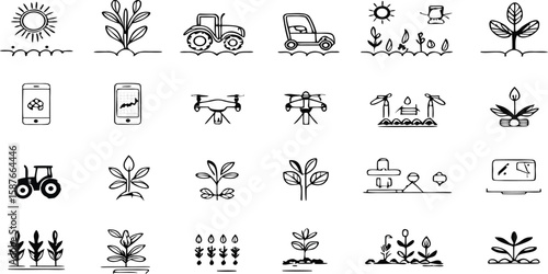 Sun, plant stages, tractors, drones, mobile farming apps, irrigation, crops, soil sensors, graphs, and greenhouse monitoring tools representing modern and smart agriculture Icons.