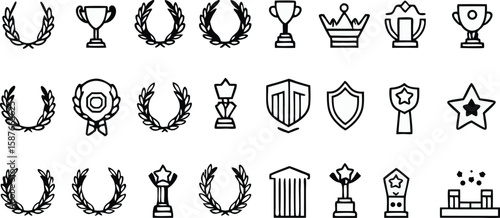 Trophies, laurel wreaths, crowns, ribbons, podiums, star medals, columns, shields, and awards in line and filled styles represent success, achievement, and excellence Icons.