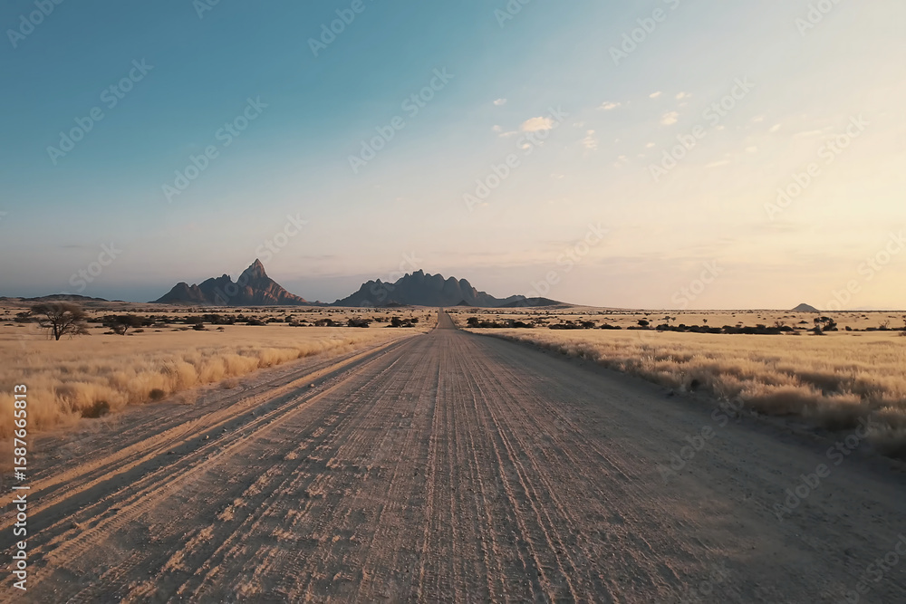 Fototapeta premium Dirt road winds through the dry savanna landscape, lined with sparse vegetation, including grasses and small bushes