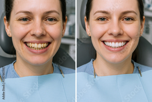 Split-screen image showing a woman in a dental chair before and after cosmetic dental treatment, highlighting a significant improvement in tooth color and alignment.