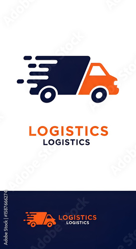 Orange and navy blue logo for a logistics company, featuring a delivery truck with a speed effect.