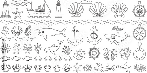 Lighthouses, boats, shells, starfish, ship wheels, waves, anchors, sharks, coral, seaweed, fish, clams, and marine elements all drawn in fine outline styles Icons.
