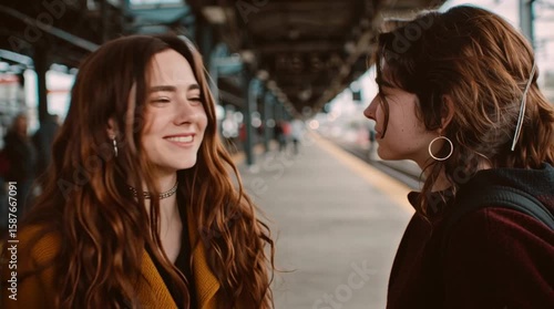 Wallpaper Mural Two friends share a tight hug at a train station, a poignant moment of farewell or joyful reunion.

 Torontodigital.ca