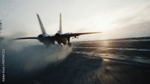 Military jet accelerating on runway with dust and motion blur during takeoff at sunset perfect for defense technology visuals, air force themes and high-speed aviation editorial content