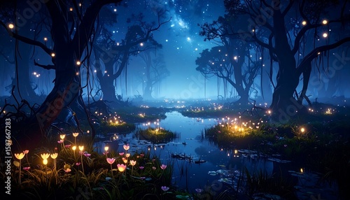 Fototapeta Naklejka Na Ścianę i Meble -  Enchanting night forest with glowing flora