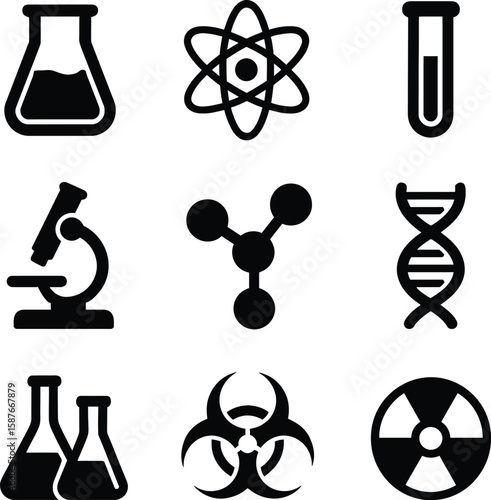 Black Science Icons Set Erlenmeyer Flask Test Tube Microscope Atom D N A Biohazard Radiation