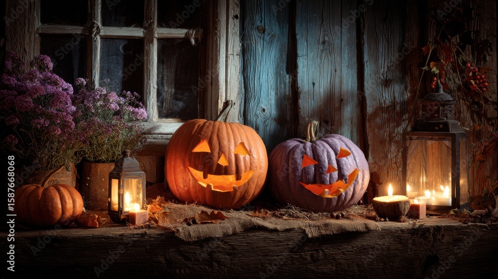 Obraz premium Front porch Halloween scene with glowing carved pumpkins, lit candles and rustic wood textures surrounded by flowers perfect for spooky seasonal decor and autumn celebration visuals