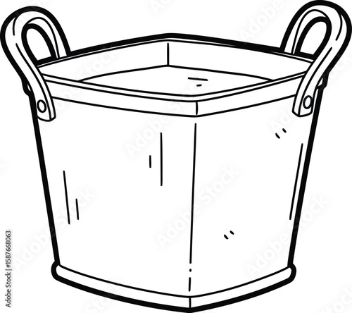 A simple line drawing of a square metal bucket filled with water, featuring two handles.