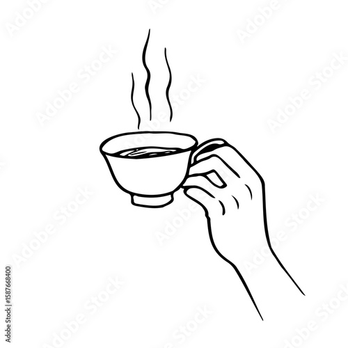 human hand holding cup with steaming drink - hand drawn line art