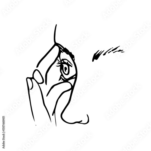 close up of female eye and contact lens application - hand drawn line art