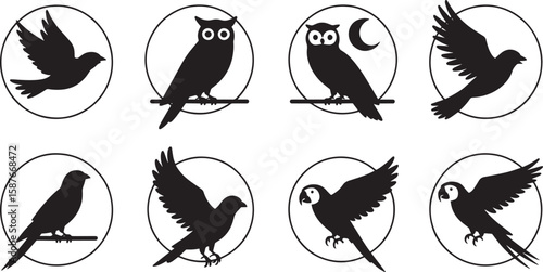 Eight black bird silhouettes in circles parrot