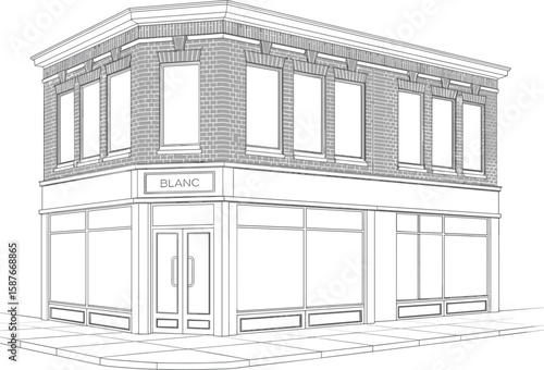 Classic brick corner building storefront with large display windows, vintage architectural elements, blank signage, urban retail shop exterior, hand drawn illustration
