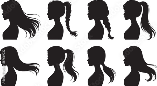 Eight black female silhouettes with diverse hairstyles woman girl