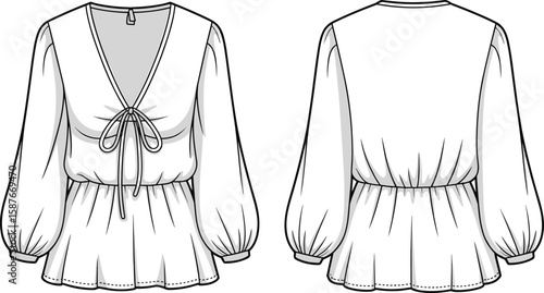 Women's Peplum Top with Long Sleeves, V Neck, Bow Tie, Technical Fashion Flat Sketch, Front and Back CAD Illustration