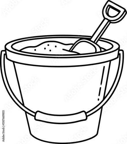 Black and white line art illustration of a bucket filled with sand and a shovel inside.