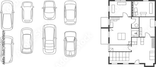 Top view car icons with architectural house floor plan layout, minimalist black and white vector blueprint for urban design and planning