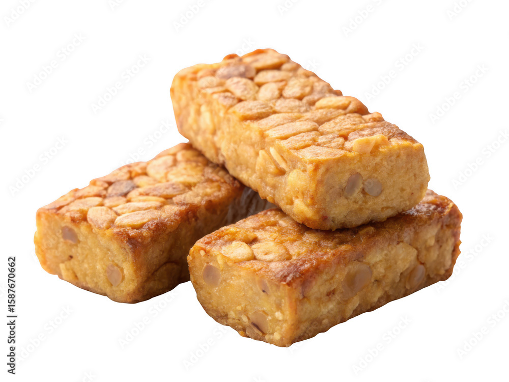 Three golden brown pieces of tempeh stacked on top of each other isolated on transparent background Three golden brown pieces of tempeh stacked on top of each other isolated on transparent background