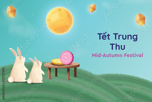 3D Cute Jade Rabbits With Delicious Mooncake, Lanterns and Moon On Park Background. Tết Trung Thu Festival Banner Vector Illustration for Greetings, E-commerce Sale, Etc.