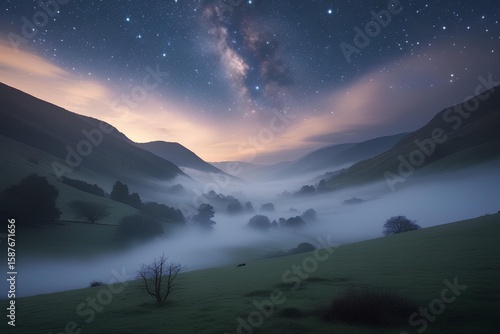 The milky way shines above a misty valley nestled between rolling mountains at night