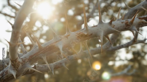 Closeup of a plant stem with thorns and water droplets beautiful natural details under sunlight