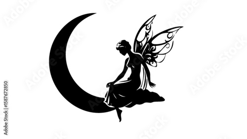 Fairy silhouette on moon vector art whimsical fantasy design magical illustration celestial crescent clipart