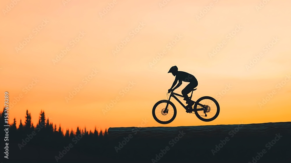 Obraz premium Mountain biker silhouetted against a vibrant sunset jumping over a log