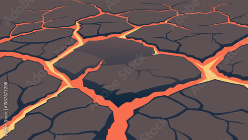 Lava flow landscape vector illustration for volcano eruption and cracked earth background design concept