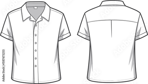 Short Sleeve Shirt CAD Drawing, Flat Vector Fashion Sketch, Button Front Shirt Design, Back Yoke Detail, Technical Illustration