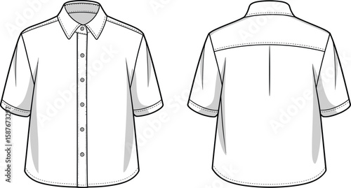 Short Sleeve Button Shirt Flat Sketch, Fashion CAD Drawing Vector, Back Yoke Design, Technical Apparel Illustration, Front and Back View