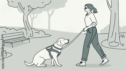 Illustration of blind woman walking with guide dog in park for accessibility awareness campaign