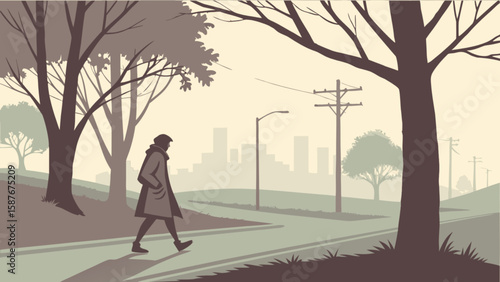 Illustration of a person walking on a street in autumn with city skyline and trees landscape art