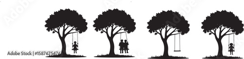 Silhouetted trees with people on swings child