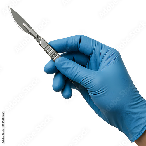 Surgeon hand in blue glove holding scalpel isolated on transparent background