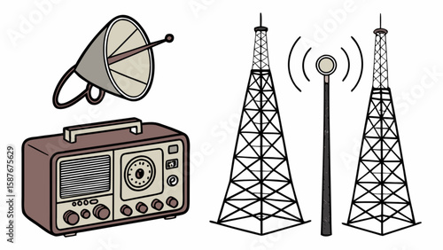Vintage radio broadcasting with antenna towers and satellite dish for communication and media technology