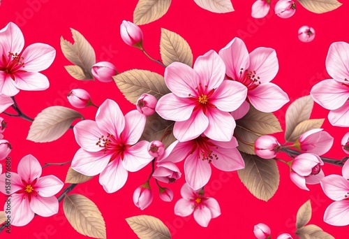 Abstract pink cherry blossom & berry seamless pattern on red background Modern botanical print, seamless, berry