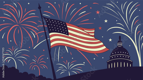 Celebrate independence day with american flag fireworks and capitol building illustration design