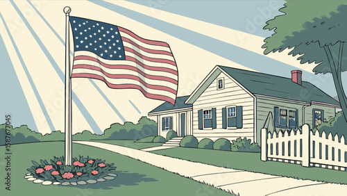 American dream home with us flag waving proudly in the yard on a sunny day patriotic illustration