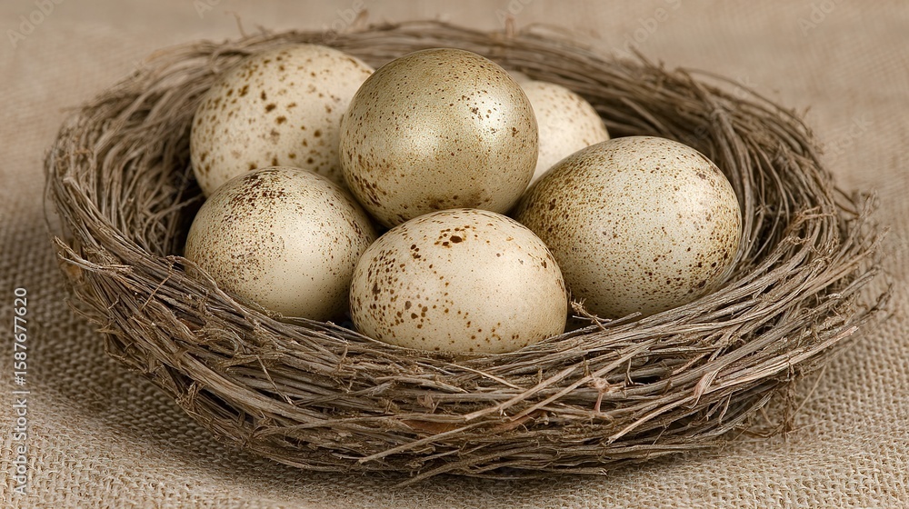 Obraz premium Eggs nestled within a rustic bird's nest.