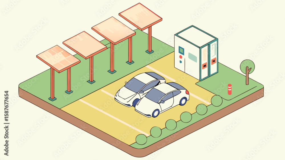 Isometric view of electric vehicle charging station with solar panels and parking for eco friendly cars Isometric view of electric vehicle charging station with solar panels and parking for eco friendly cars