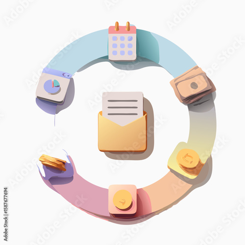 Personal finance routine: payday icon, bill due toggle, budget category tag, cash envelope icon, and savings tracker circle.