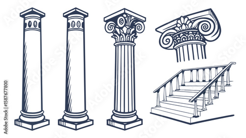 Architectural vector drawing of classic columns and stairs for ancient building design and construction