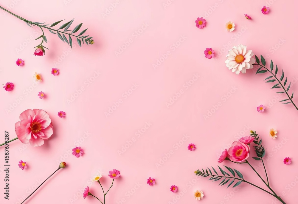 Obraz premium A whimsical pink flat lay with pastel accents, leaving a central area for design placement, sparkle, illustration