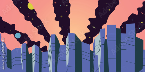 Illustration of future scene sky unwarp full of stars and planet with Canyon rock in front. Retro groovy psychedelic fantasy background design for wallpaper backdrop poster banner cover print