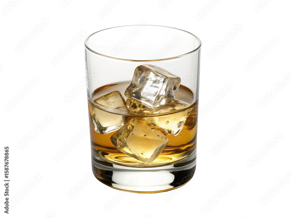 Clear glass filled with amber colored whiskey and ice cubes isolated on transparent background Clear glass filled with amber colored whiskey and ice cubes isolated on transparent background