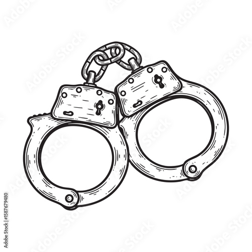 Handcuffs sketch woodcut engraving vector illustration