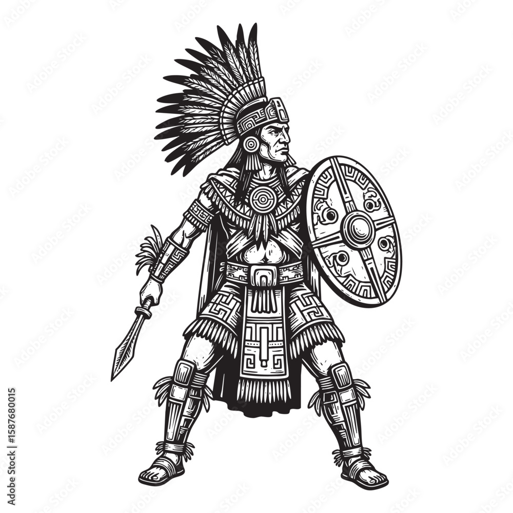 Obraz premium Aztec warrior with shield and spear woodcut engraving vector illustration