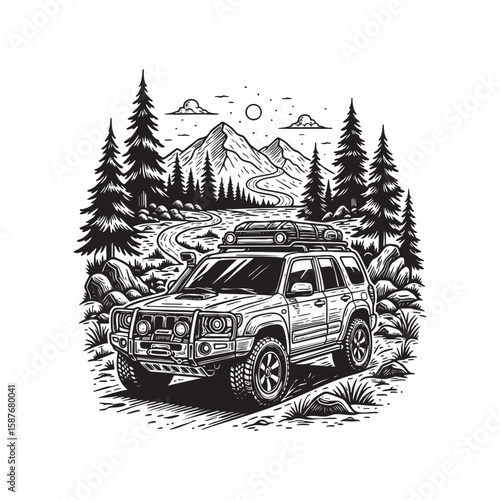 Off-road car in mountains landscape woodcut engraving vector illustration