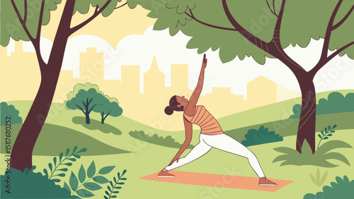 Woman practicing triangle yoga pose outdoors in park for wellness and relaxation exercise and meditation routine